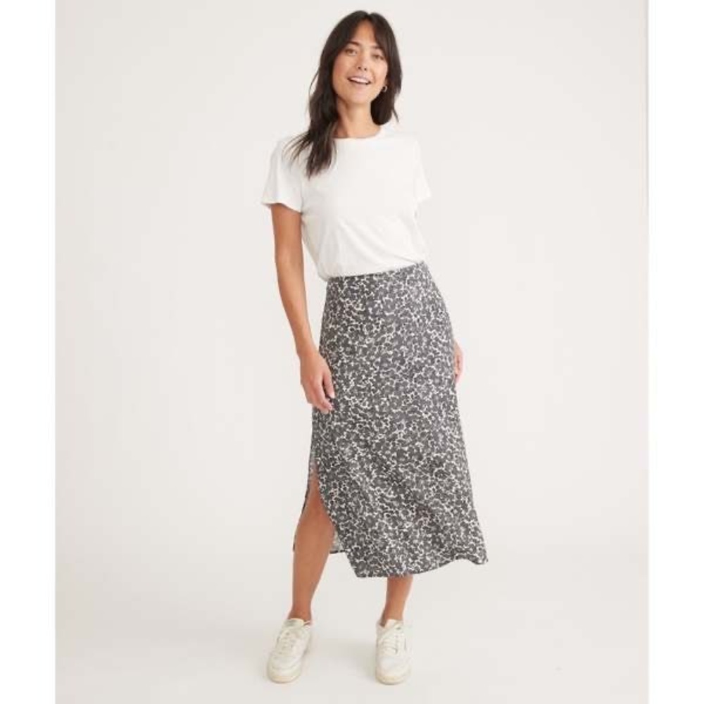 Marine Layer Black White Floral Midi Skirt Side Slit Rayon Tencel Size 14